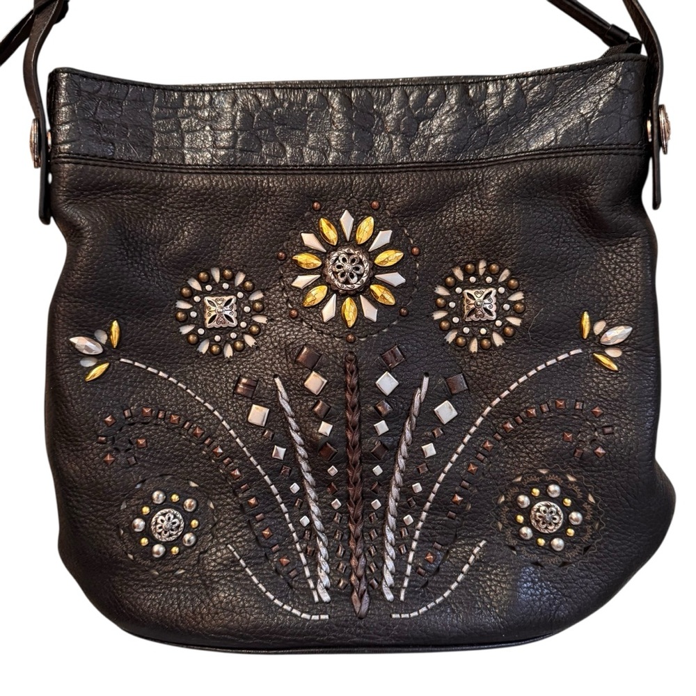 Brighton Black Leather Shoulder Bag with Yellow and Cream Floral Studs